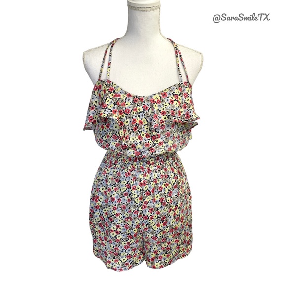 BCBGENERATION Strappy Ruffle Colorful Floral Shorts Romper - Picture 2 of 14